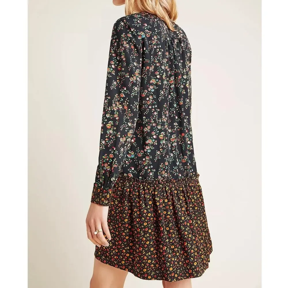 Anthropologie Maeve Marlie Button-Front Chambray Tunic Mini Floral Womens 6